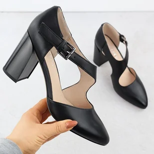 Skórzane czółenka na słupku półbuty z paskiem czarne Vinceza 91133 - Czółenka - miniaturka - grafika 1