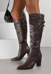 Brązowe Eleganckie Kozaki do Kolan na Słupku Zdobione Paskami z Klamerkami Alenelle - Kozaki damskie - miniaturka - grafika 1