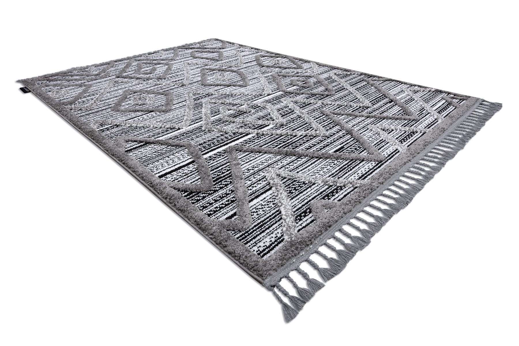 Dywan MAROC P657 Romby Zygzak, etno czarny / Frędzle berberyjski marokański shaggy szary 140x190 cm