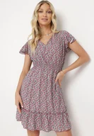 Sukienki - Bordowa Bawełniana Rozkloszowana Sukienka w Kwiaty z Falbanami i Gumką w Talii Nelyse - miniaturka - grafika 1