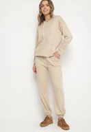 Spodnie sportowe damskie - Beżowy Komplet Dresowy Bluza z Kapturem i Kangurową Kieszenią i Spodnie Liriela - miniaturka - grafika 1