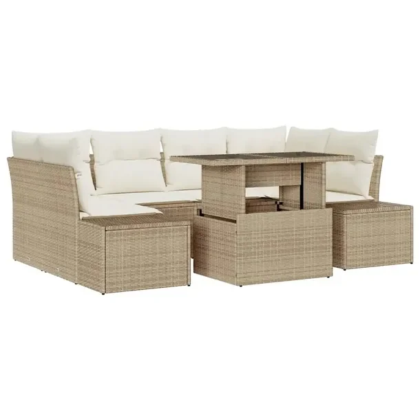 Zestaw Sof Ogrodowych z Rattanu, 7-Częściowy, Beżowy, Miejsce dla 6 Osó