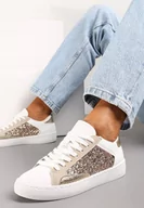 Trampki damskie - Biało-Złote Sneakersy na Płaskiej Podeszwie z Ozdobnymi Wstawkami i Brokatem Jivina - miniaturka - grafika 1