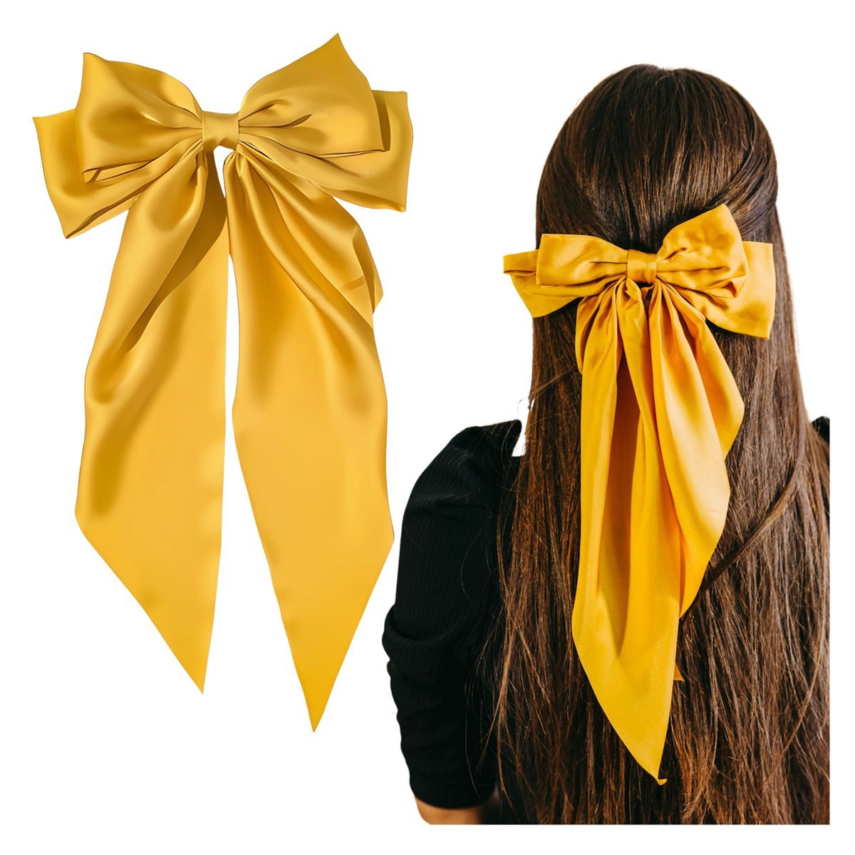 Kokarda do Włosów Żółta Długa Ozdobna Spinka Satynowa Kobieca Eleganck