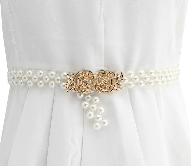 Damski Pasek Wąski Perłowy Elastyczny Perły Biały