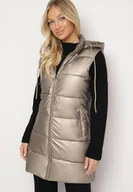 Kamizelki damskie - Złota Pikowana Kamizelka Przejściowa z Kapturem i Kieszeniami Lentira - miniaturka - grafika 1