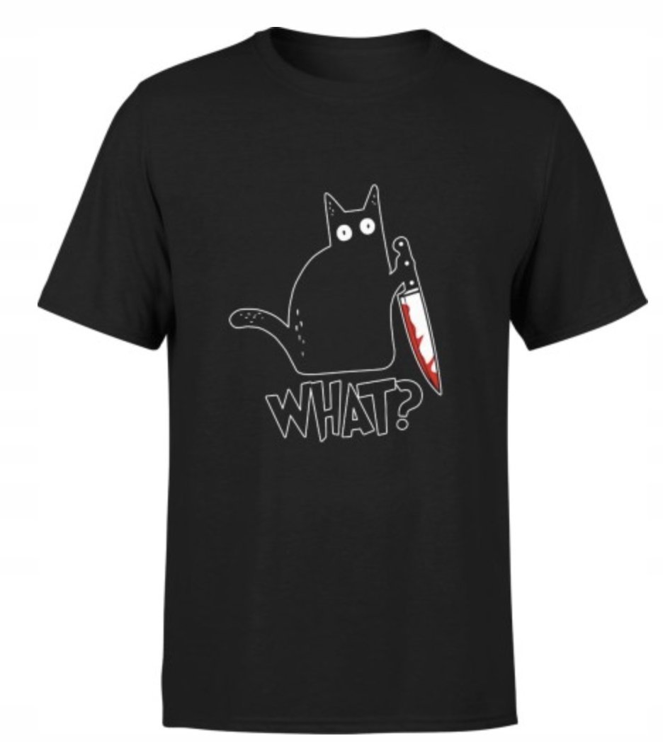 KOSZULKA MĘSKA ŚMIESZNA T-SHIRT Z NADRUKIEM KOT Z NOŻEM ANIME WHAT r. L