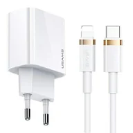 Ładowarki do telefonów - USAMS Ładowarka sieciowa 1xUSB-C T34 20W 5V-3A PD3.0 + kabel U63 USB-C do lightning 20W biały/white (T49) T49OCLN01 - miniaturka - grafika 1