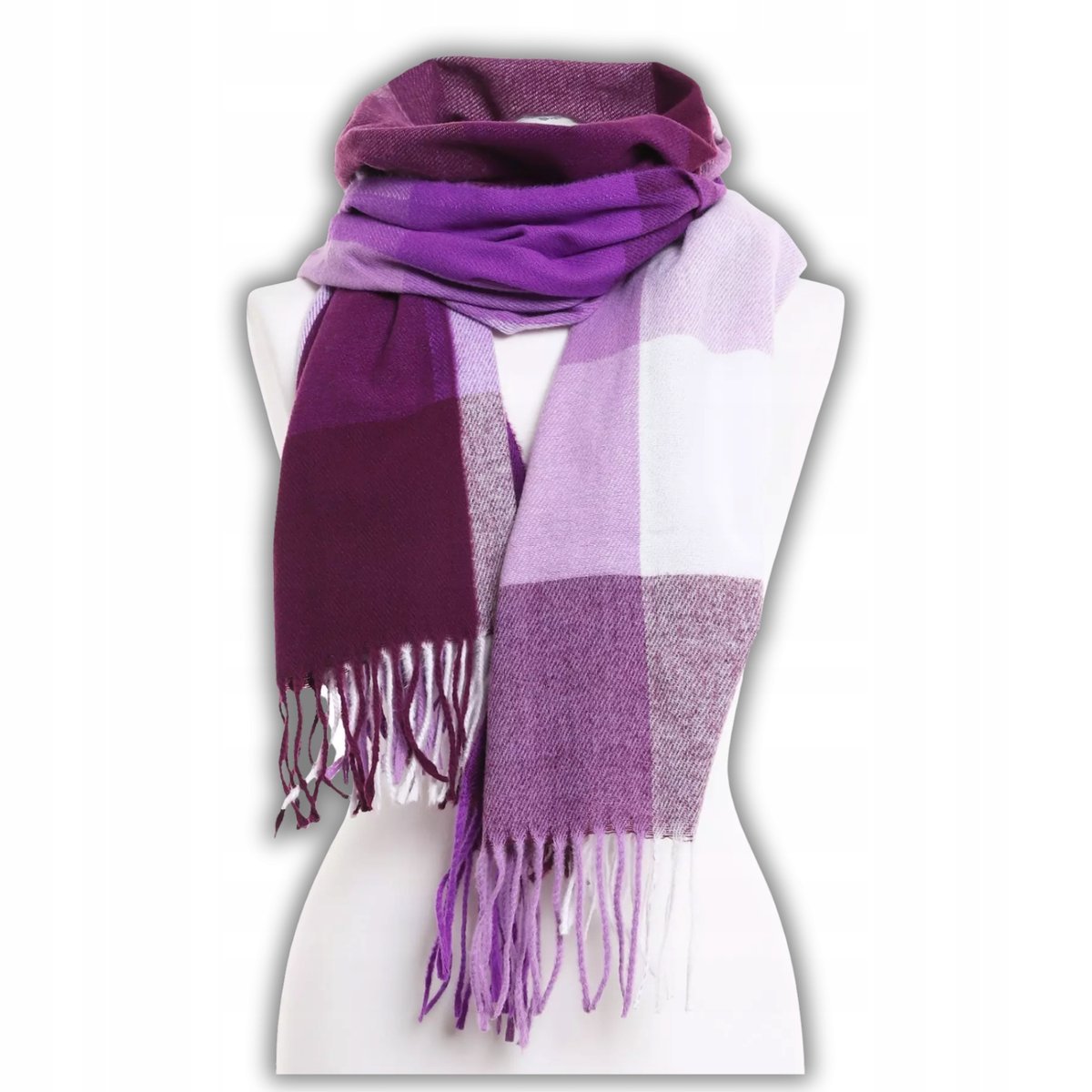 SZAL DAMSKI SZALIK MODNY W KRATĘ Z FRĘDZLAMI STYLOWY JESIEŃ ZIMA MORAJ VIOLET