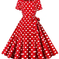 Sukienki - TEMU Vintage polka dot A-line sukienka dla kobiet - kwadratowy dekolt krótki rękaw sukienka na imprezę z falbanką, czerwono-białe wzór w kratkę, - miniaturka - grafika 1