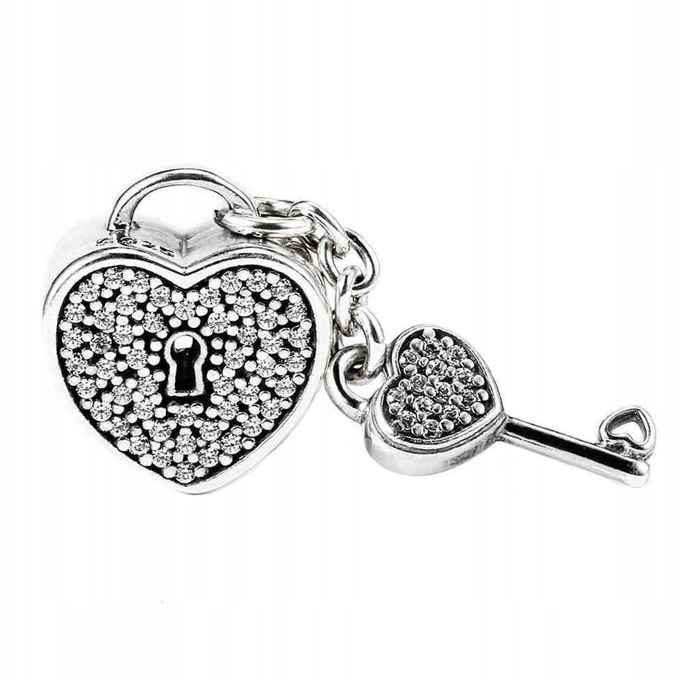 Charms Srebrny Kluczyk z Kłódką Białe Cyrkonie Zamek Key SREBRO 925