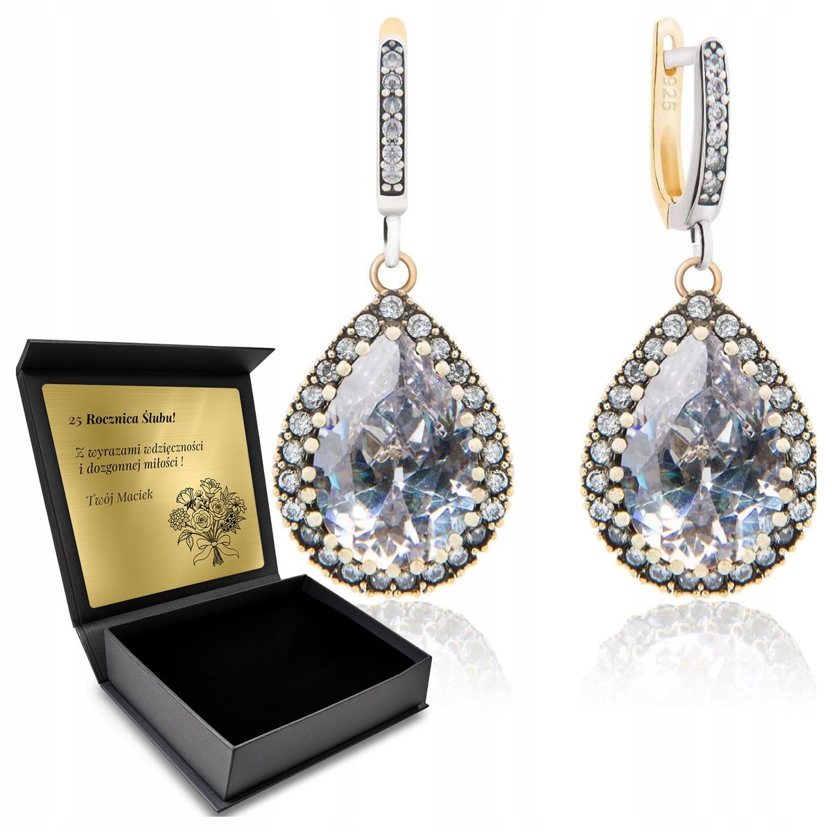 Kolczyki Srebrne 925 Z Cyrkoniami I Topazem Dla Kobiety + Grawer