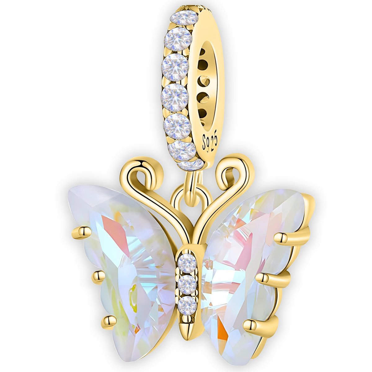 Złoty Charms Motyl Kryształowy Biały Motylek Cyrkonie SREBRO 925
