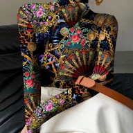 Bluzki damskie - TEMU Damska Tunika w Stylu Koreańskim z Pełnym Nadrukiem Kwiatowym i Wachlarzami – Dopasowana Bluzka Długi Rękaw, Kołnierzyk Mandarynkowy ze - miniaturka - grafika 1