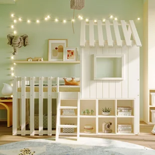 Łóżeczko dziecięce 90x200cm - z daszkiem + okienkiem - z 2-stopniową drabinką i półkami - białe - Łóżka dla dzieci i młodzieży Łóżeczko dziecięce 90x200cm - z daszkiem + okienkiem - z 2-stopniową drabinką i półkami - białe - Łóżka dla dzieci i młodzieży - miniaturka - grafika 1