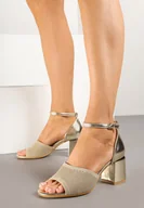 Sandały damskie - Złote Sandały z Dzianinowym Paskiem na Geometrycznym Słupku Nusinoris - miniaturka - grafika 1
