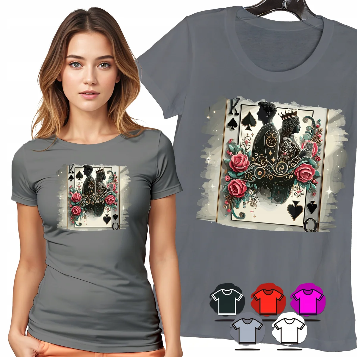 KOSZULKA DAMSKA T-SHIRT - KARTY POKER DAMA KRÓL KWIATY CZARNY WZÓR - L