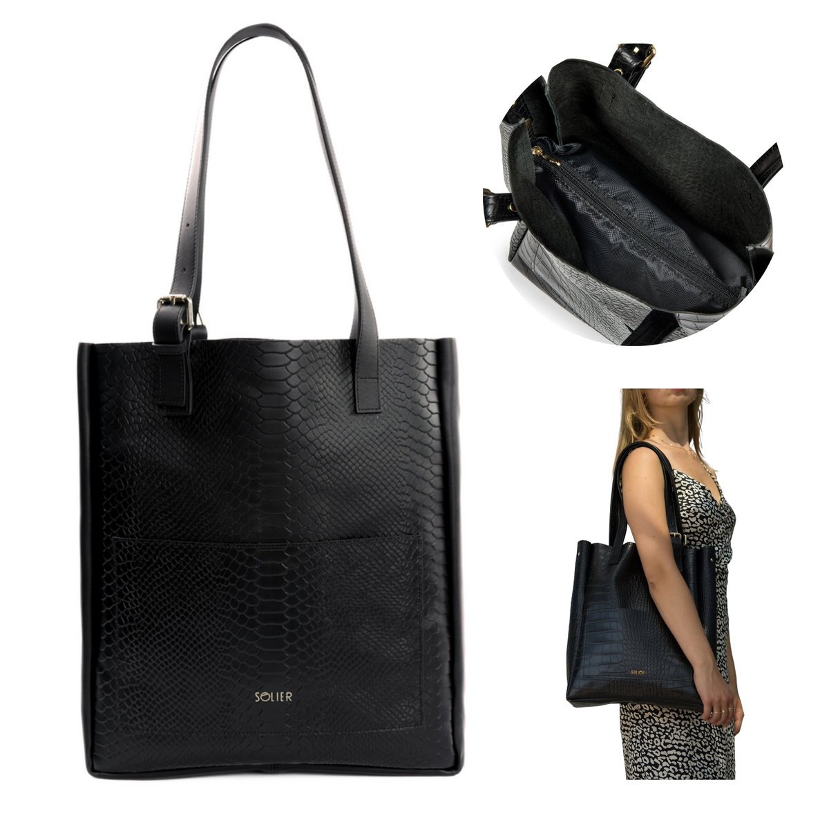 Torebka damska SKÓRZANA Torba czarna na ramię skóra SHOPPER duża SOLIER