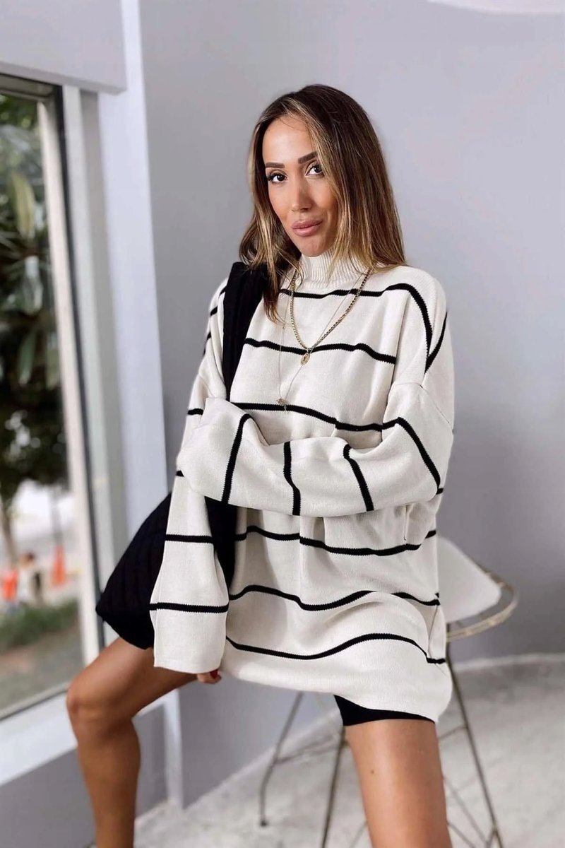 SWETER DAMSKI W PASKI Z GOLFEM LUŹNY KREMOWY CZARNY XS 5GA*