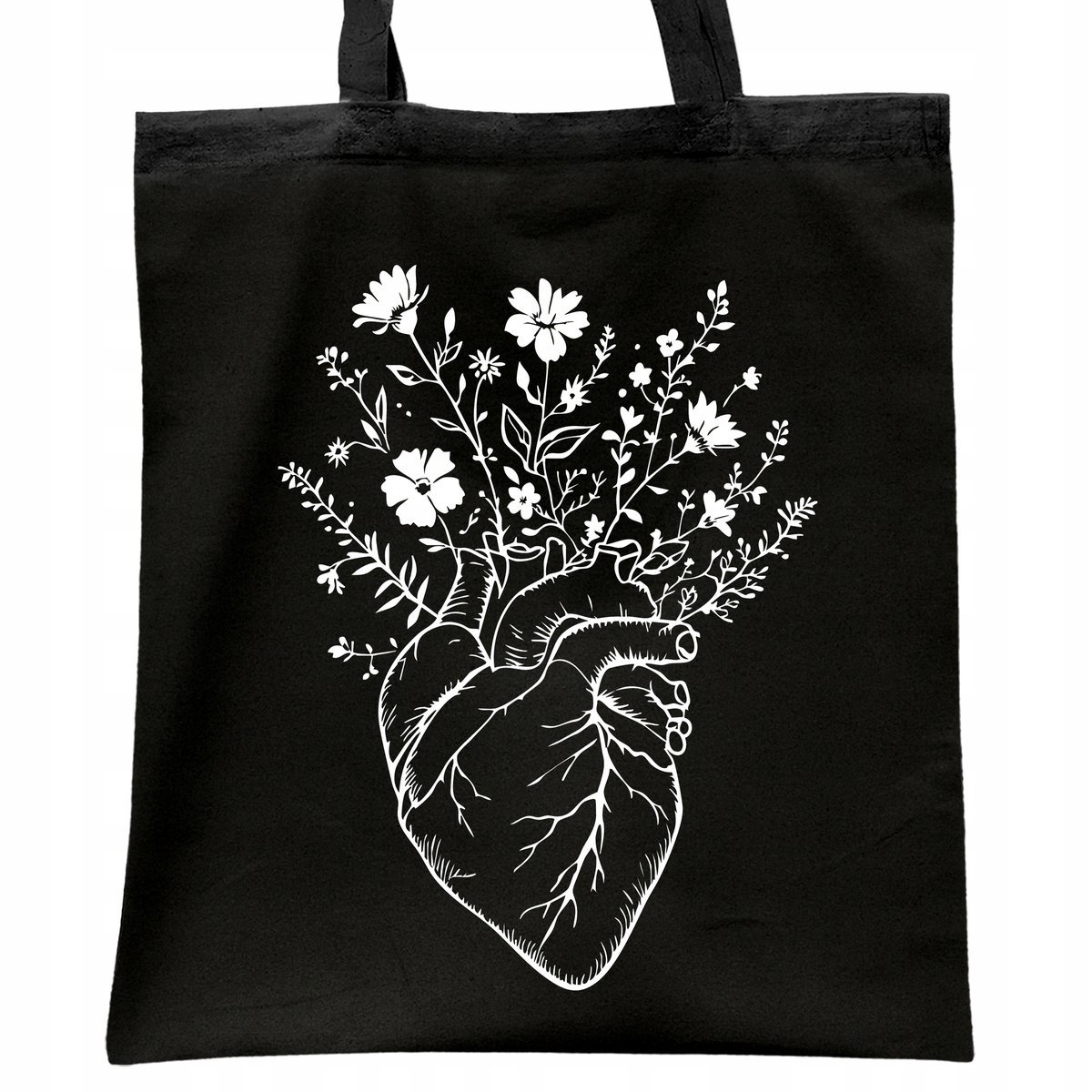 Torba bawełniana czarna na zakupy Serce Kwiaty Minimalizm