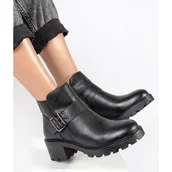 Botki damskie - Czarne skórzane botki damskie na obcasie z ozdobną klamrą Sergio Leone - miniaturka - grafika 1