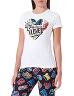 Koszulki i topy damskie - Love Moschino Damska koszulka slim fit z krótkim rękawem z patchworkowym nadrukiem serca, optical white, 42 - miniaturka - grafika 1