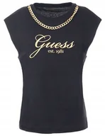 Bluzki damskie - GUESS CZARNA BLUZKA Z BAWEŁNY Z ŁAŃCUCHEM I NADRUKIEM XS GMB - miniaturka - grafika 1