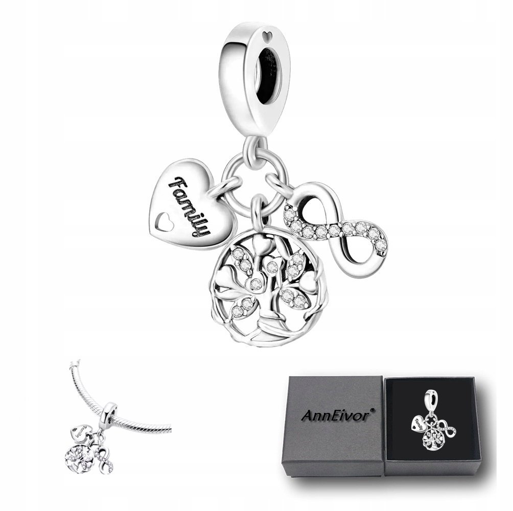 Koralik Modułowy Zawieszka Srebrna S925 Serce Drzewo Życia Nieskończoność