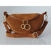 Torebki damskie - Włoska zamszowa listonoszka, nerka Vera Pelle złote okucia kółka Camel LN633C - miniaturka - grafika 1