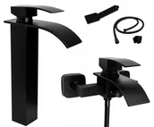 Baterie umywalkowe - Zestaw Czarny Bateria Wannowa Wodospad Umywalkowa - miniaturka - grafika 1
