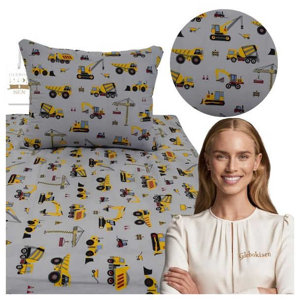 Pościel Dziecięca 120x160 + 50x70 Koparki Żółte Na Szarym Bawełna 100%