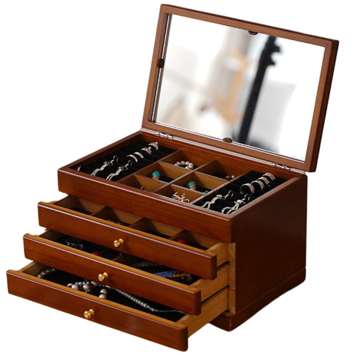 Szkatułka na biżuterię kuferek do biżuterii drewniana z lusterkiem, z szufladkami, brązowa