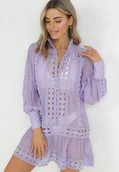 Bluzki damskie - Fioletowa Pudełkowa Tunika z Koronką i Długim Rękawem Ahrar - miniaturka - grafika 1