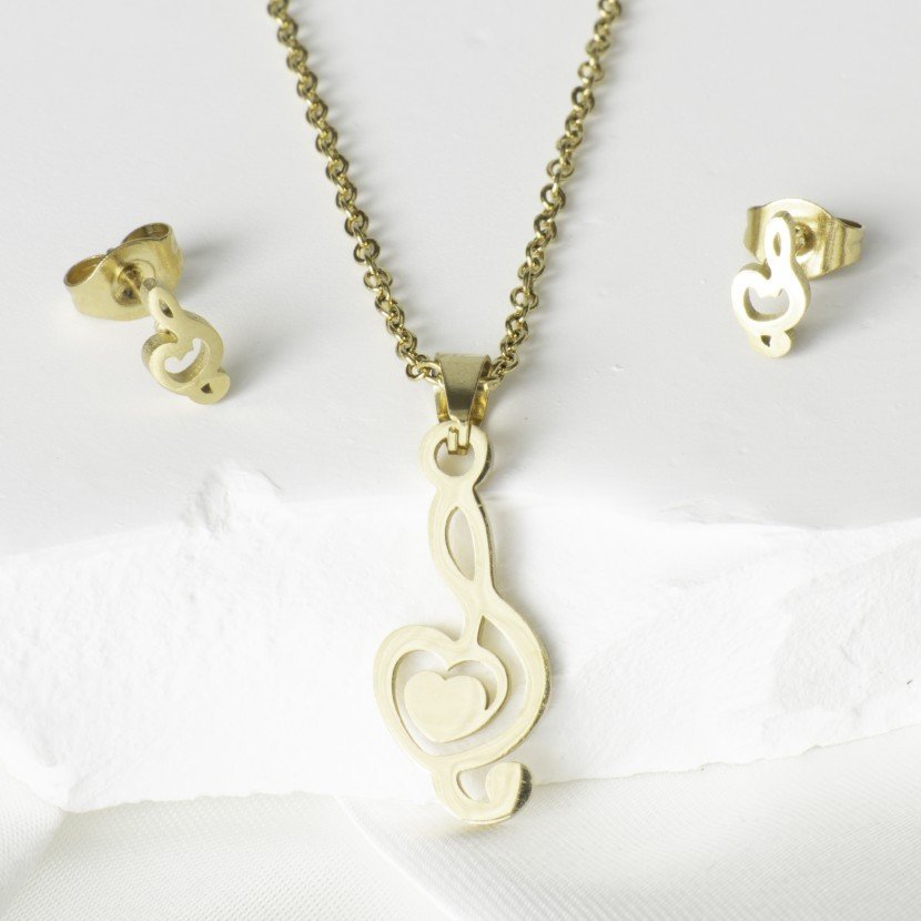 Komplet biżuterii z motywem nutki – naszyjnik i kolczyki pozłacane