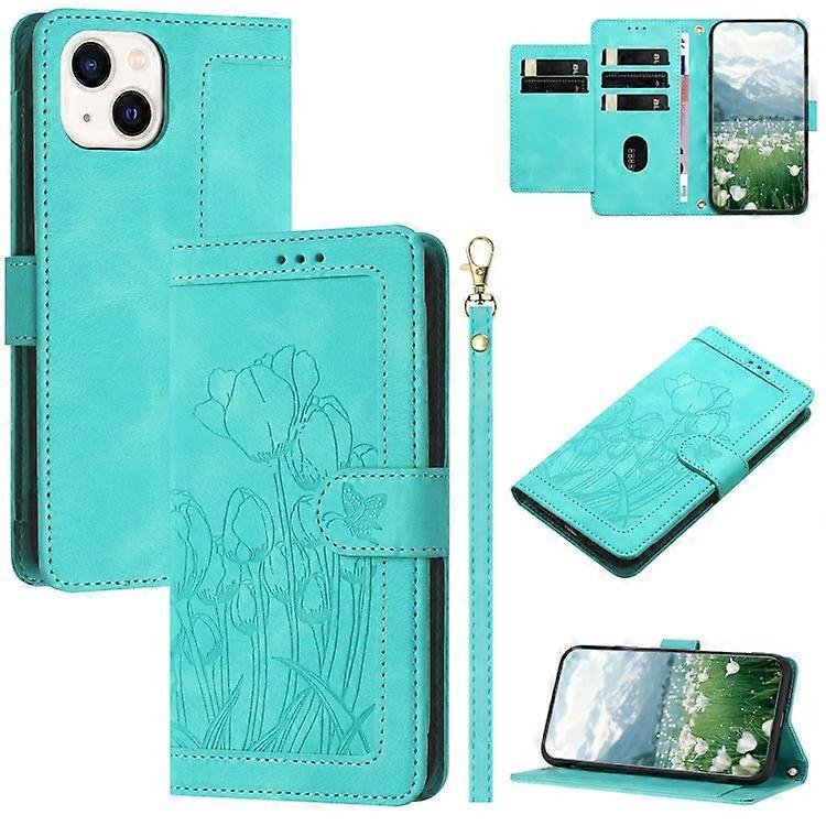 Kompatybilny z etui na iPhone 15 Tulipanowy skórzany pokrowiec na telefon z portfelem z 5 miejscami na karty Zielony