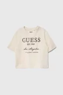 Koszulki dla dziewczynek - Guess t-shirt bawełniany kolor beżowy - miniaturka - grafika 1
