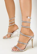 Sandały damskie - Srebrne Sandały na Wysokiej Szpilce z Błyszczącą Sprężyną Kevholi - miniaturka - grafika 1