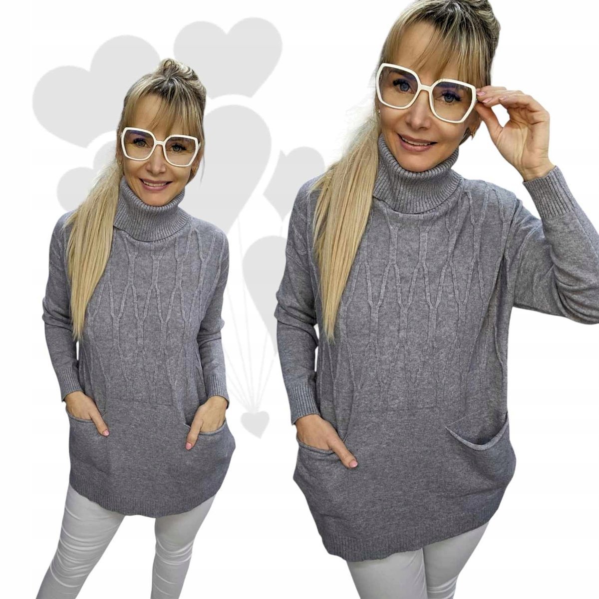 SWETER DAMSKI GOLF na co dzień jak jedwab kieszonki tunika 42 44 XL 2XL