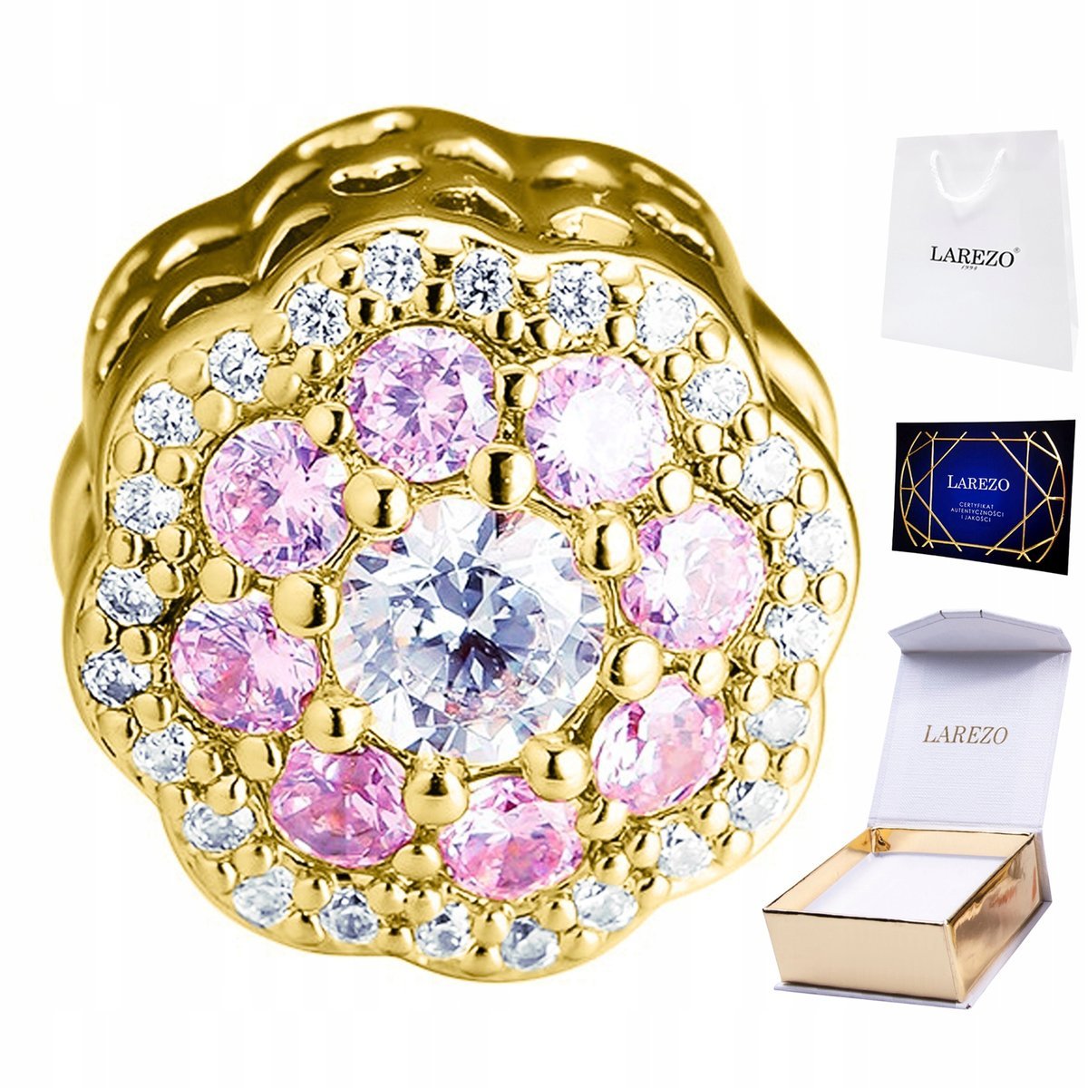 CHARMS ZŁOTY Różowy Kwiat Flower Różowe Cyrkonie Kwiatek Natura SREBRO 925