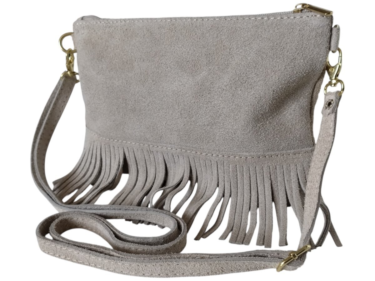 Listonoszka na Ramię, Zamszowa Skórzana Mała Beżowa Torebka Damska