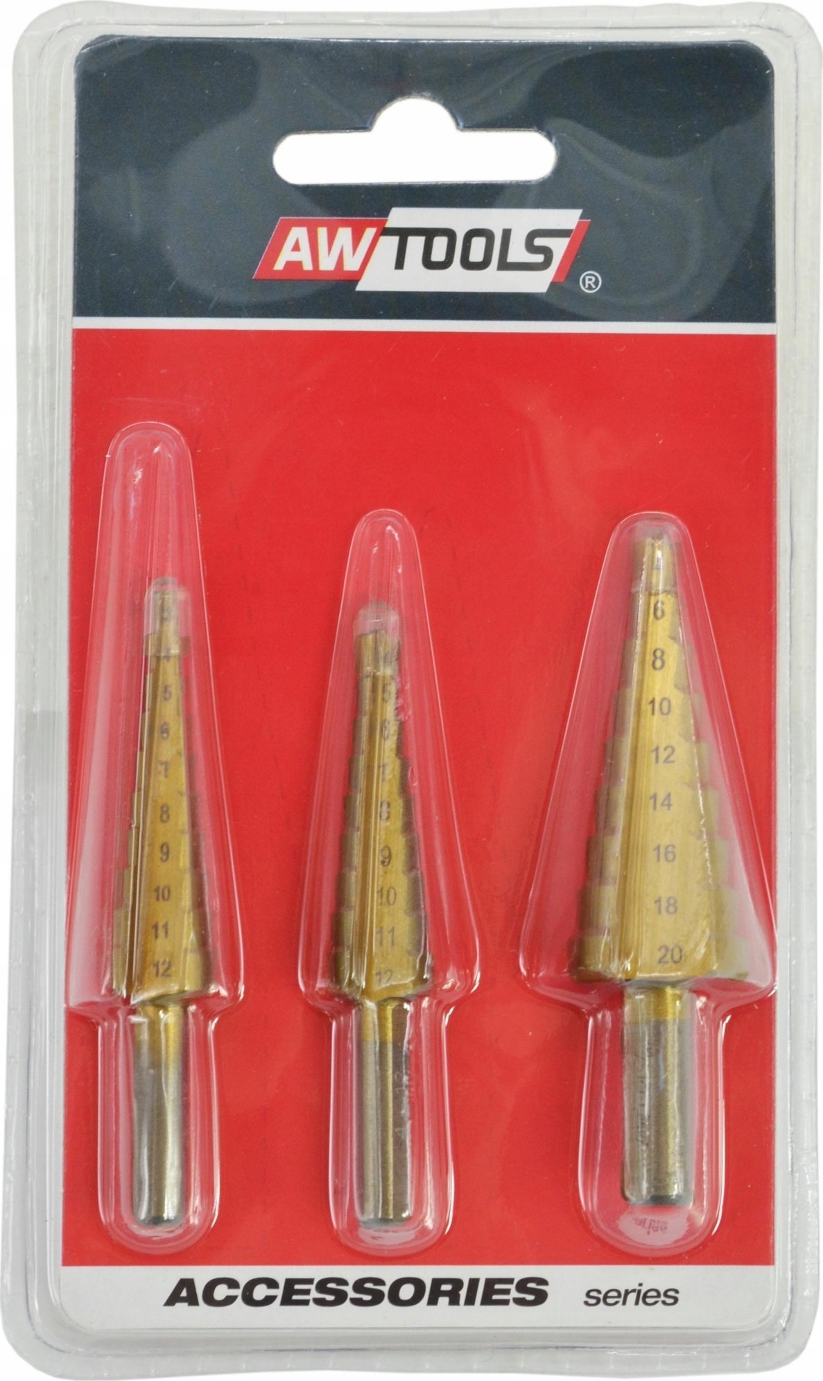 AWTools Wiertło WIERTŁA STOPNIOWE HSS-TIN KOMPLET 3 SZTUKOWY / 3-12mm / 4-12mm / 4-20mm