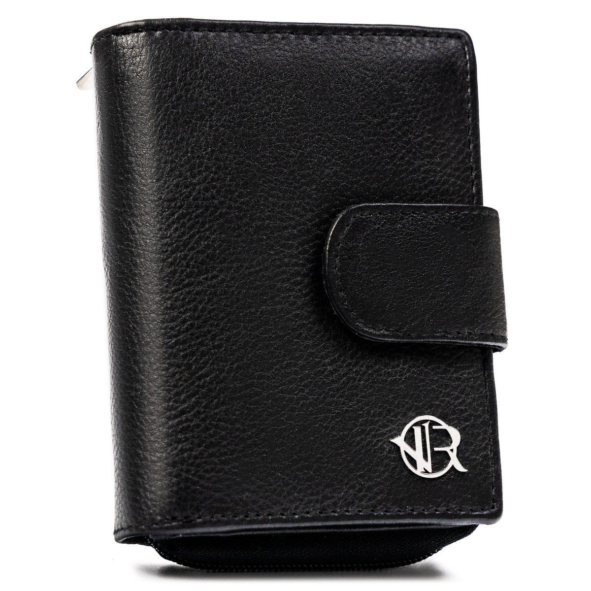 Mały portfel damski czarna portmonetka na zatrzask i suwak ROVICKY skóra naturalna rozbudowany na karty i gotówkę ochrona RFID STOP