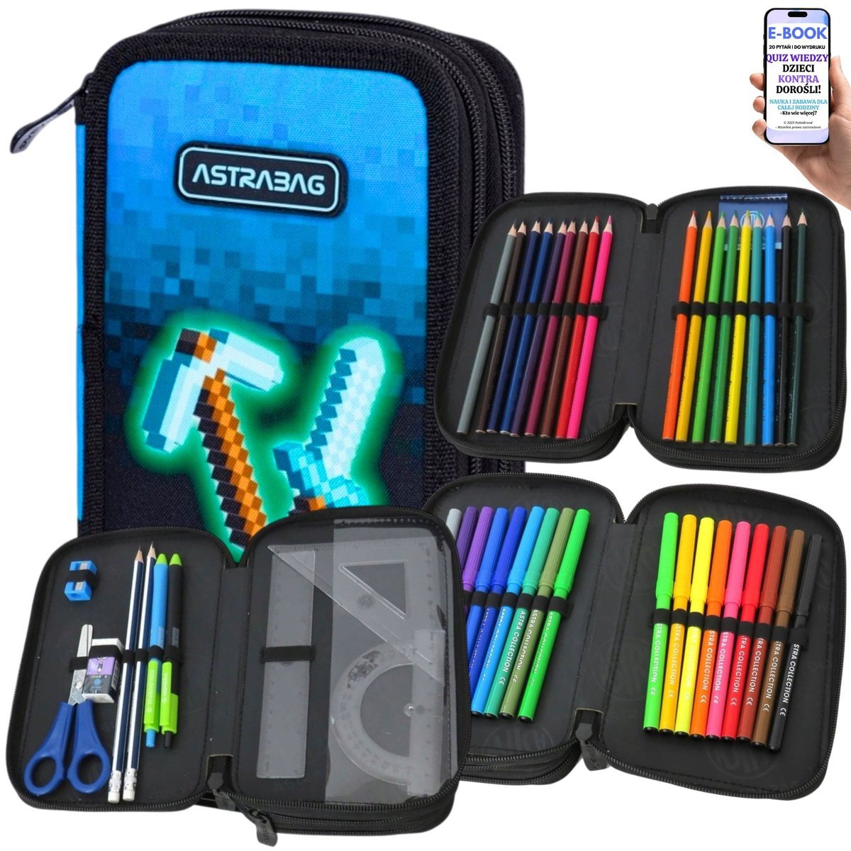 PIÓRNIK SZKOLNY DLA CHŁOPCA PIXELE 3 KOMORY + PRZYBORY – ASTRABAG BLUE PIXEL + EBOOK-2