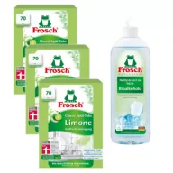Środki do zmywarek - Frosch Tabletki do zmywarek Classic limonkowe + Nabłyszczacz na bazie Bioalkoholu Zestaw 3 x 70 szt. + 750 ml - miniaturka - grafika 1