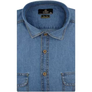 Koszule męskie - Koszula Męska Jeansowa Dżinsowa gładka niebieska z długim rękawem w kroju SLIM FIT Classo C876 - grafika 1