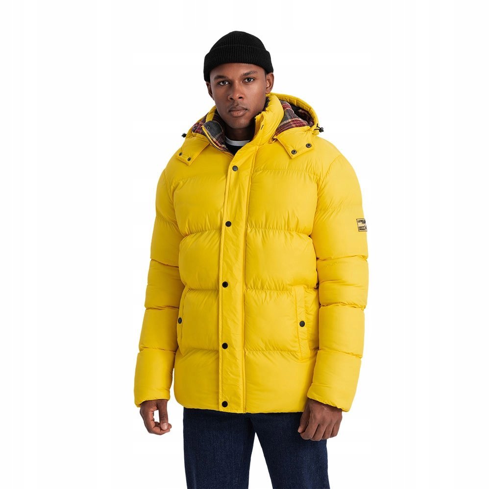 Kurtka męska puffer z podszewką w kratę żółta V3 OM-JAHP-0205 L