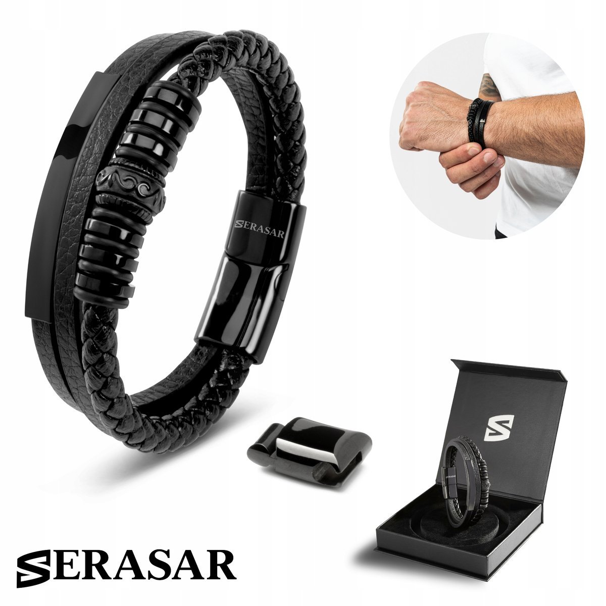 SERASAR męska skórzana bransoletka „Shine”, czarna, 23 cm - ze stalowym zapięciem magnetycznym - idealny prezent urodzinowy dla męża lub chłopaka