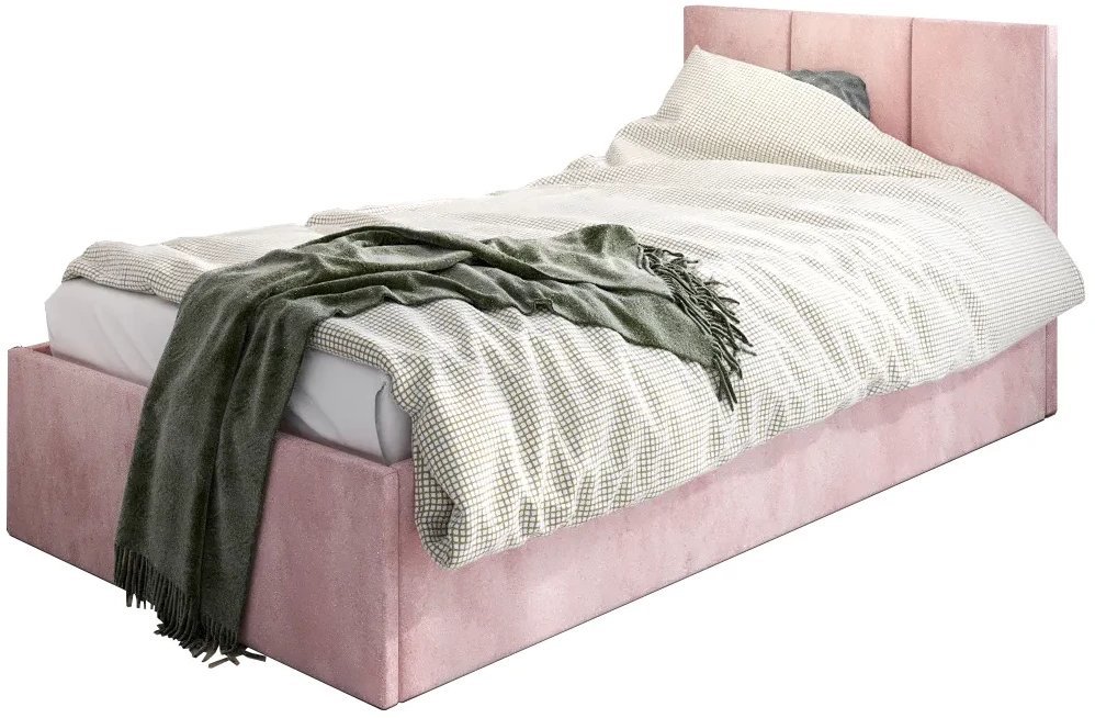 Łóżko młodzieżowe VIVO 80x200 różowe z tapicerowanym panelem i pojemnikiem na pościel MKPOL