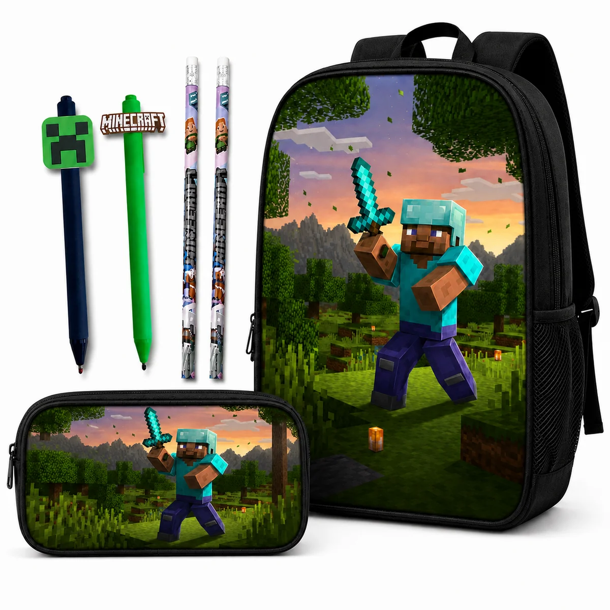 ZESTAW SZKOLNY MINECRAFT STEVE PLECAK A4 + PIÓRNIK + PRZYBORY 5EL. NOWA SERIA KL. 1-3 4-8