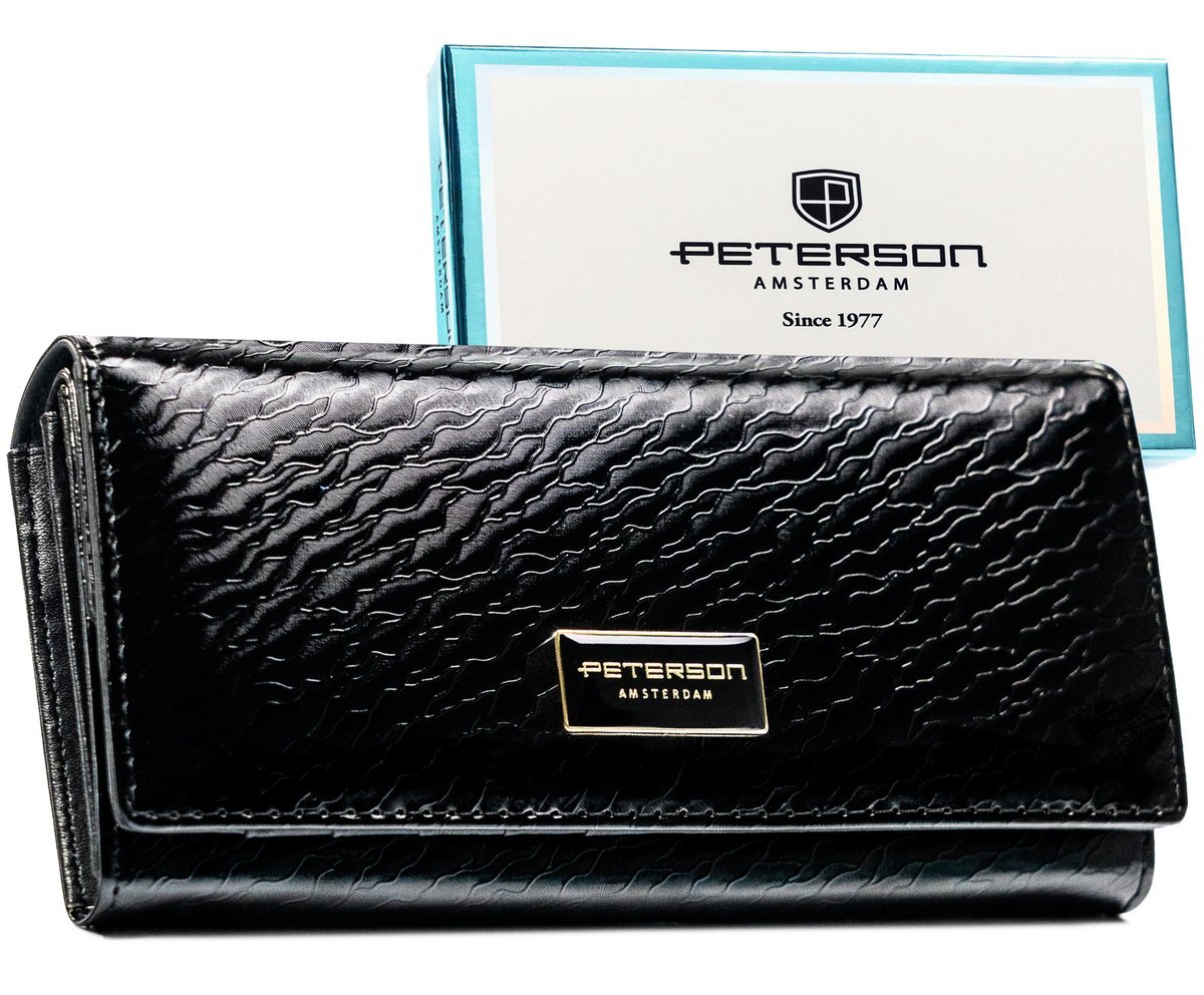 Czarny portfel damski skórzany PETERSON duży klasyczny na zatrzask rfid stop